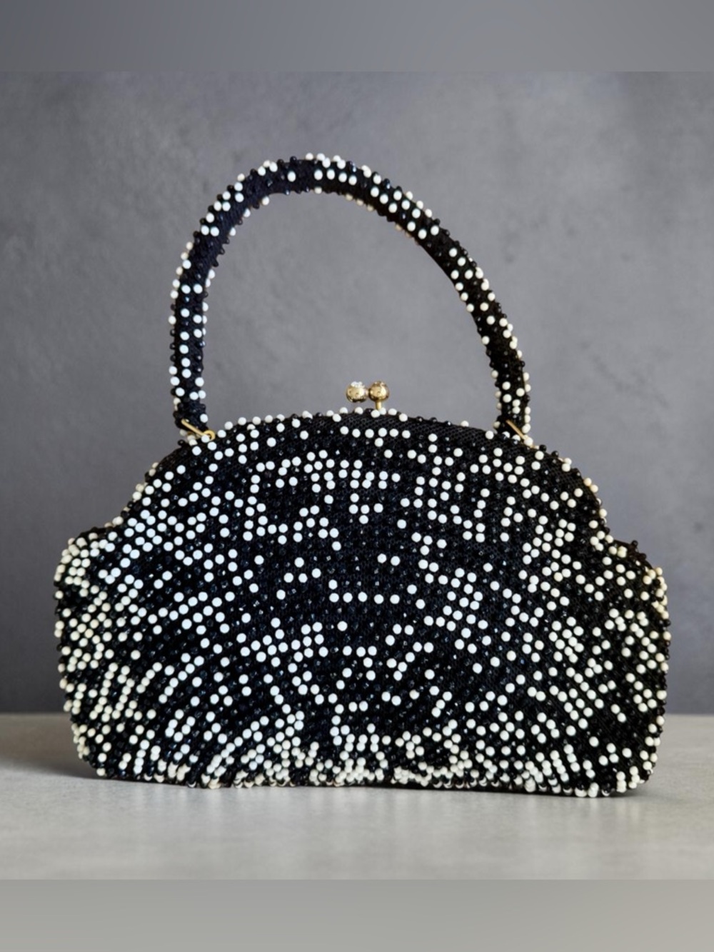Vtg 60s Corde-Bead Black White Beaded Craft Lumured Style Bag 70s *Flaw*